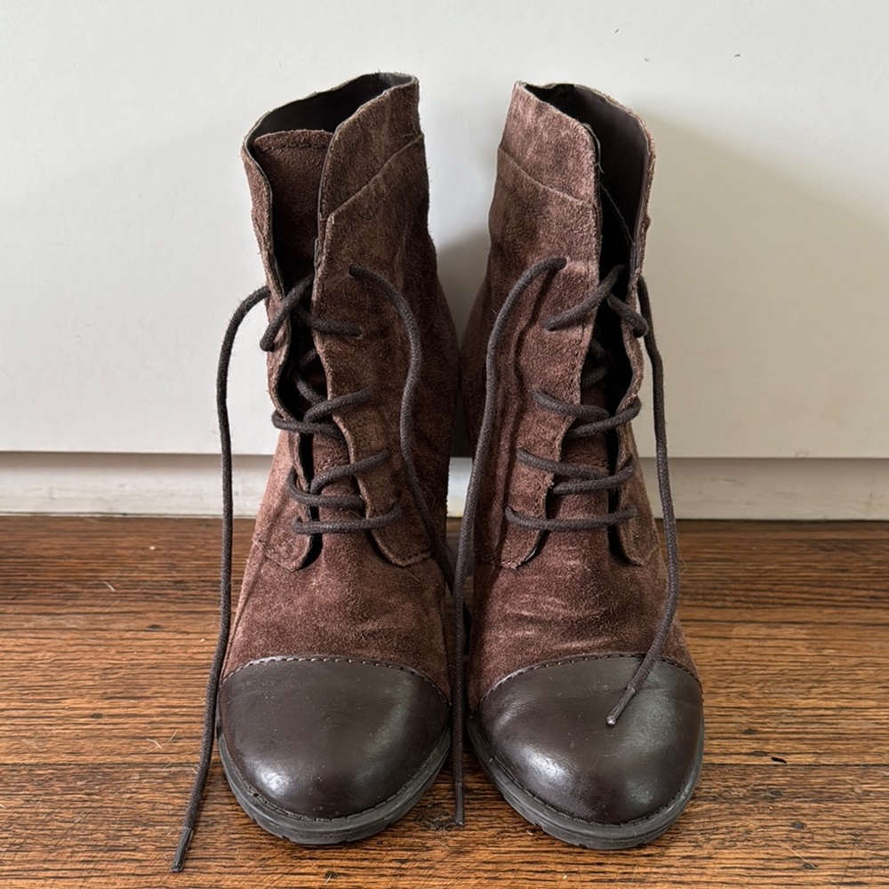 Franco Sarto Brown Heeled Boots with Lace-Up Design